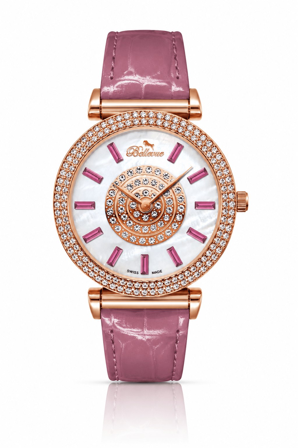 Bellevue Swiss Made Damenuhr aus Roségold mit Kristallbesatz, 38 mm – rosa Lederarmband | Ronda-Quarzwerk – NAFALUXE