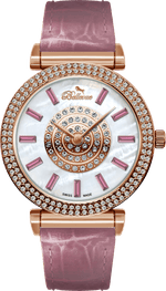 Bellevue Swiss Made Damenuhr aus Roségold mit Kristallbesatz, 38 mm – rosa Lederarmband | Ronda-Quarzwerk – NAFALUXE