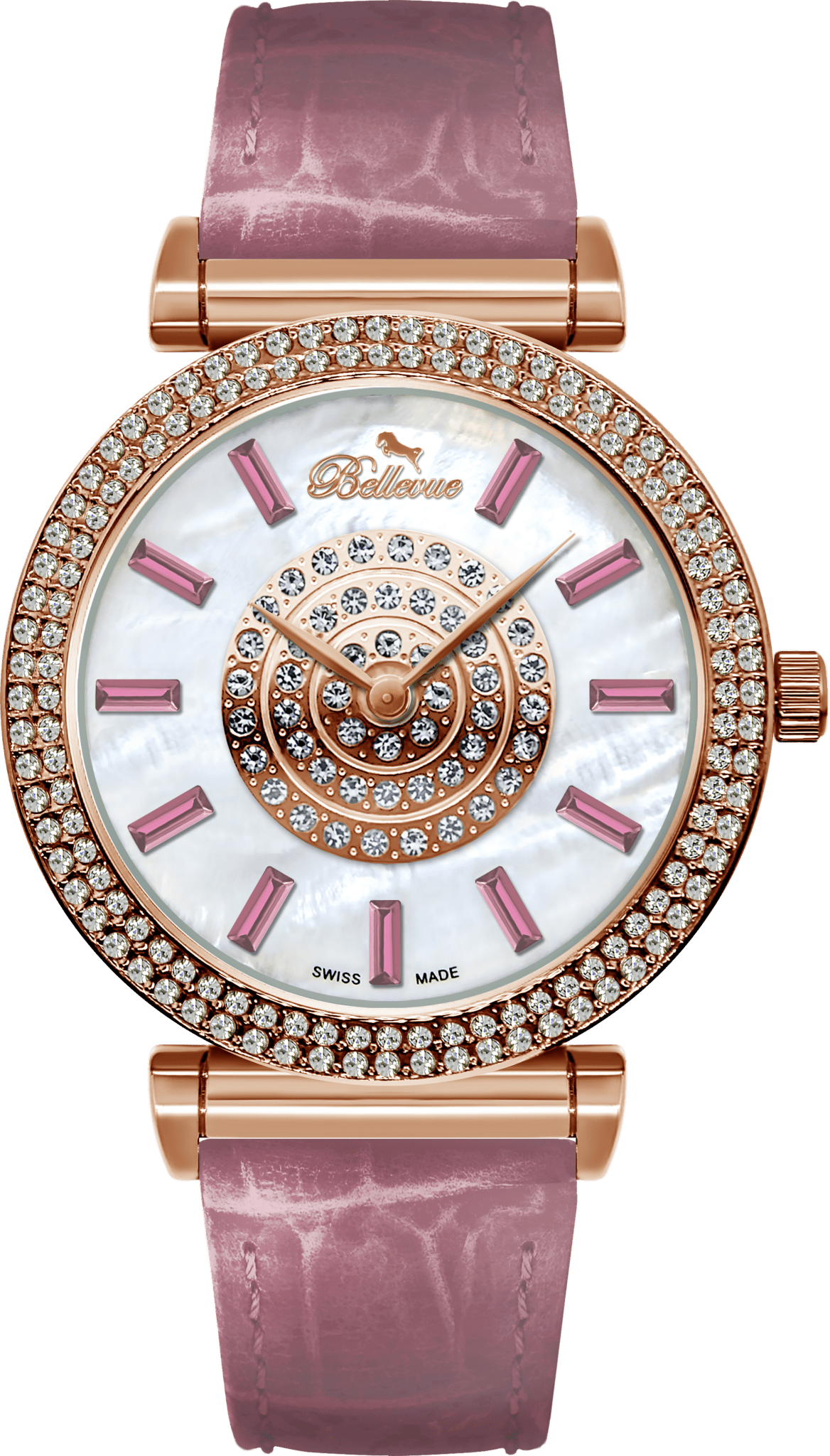 Orologio da donna Bellevue Swiss Made in oro rosa con cristalli, 38 mm – Cinturino in pelle rosa | Quarzo Ronda - NAFALUXE