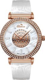 Bellevue Swiss Made Damenuhr aus Roségold mit Kristallbesatz, 38 mm – weißes Lederarmband | Ronda-Quarzwerk – NAFALUXE