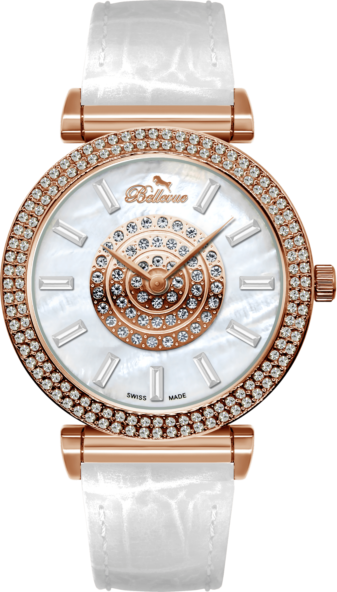 Bellevue Swiss Made Damenuhr aus Roségold mit Kristallbesatz, 38 mm – weißes Lederarmband | Ronda-Quarzwerk – NAFALUXE