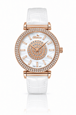 Bellevue Swiss Made Damenuhr aus Roségold mit Kristallbesatz, 38 mm – weißes Lederarmband | Ronda-Quarzwerk – NAFALUXE