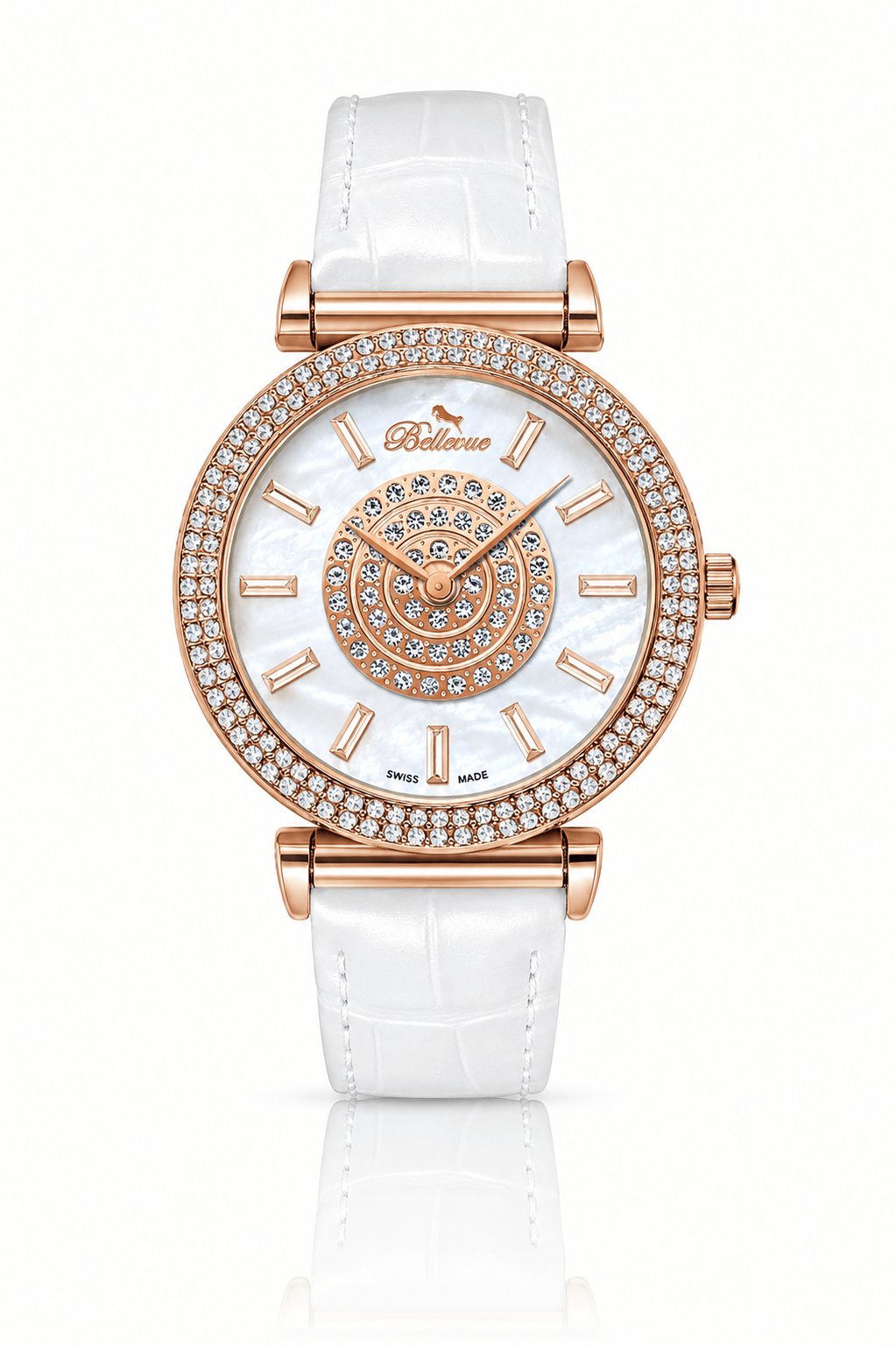 Orologio da donna Bellevue Swiss Made in oro rosa con cristalli, 38 mm – Cinturino in pelle bianca | Quarzo Ronda - NAFALUXE