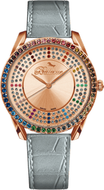 Bellevue Swiss Made Damenuhr in Roségold, 38 mm – Lünette mit Regenbogenkristallen | Ronda-Quarzwerk – NAFALUXE
