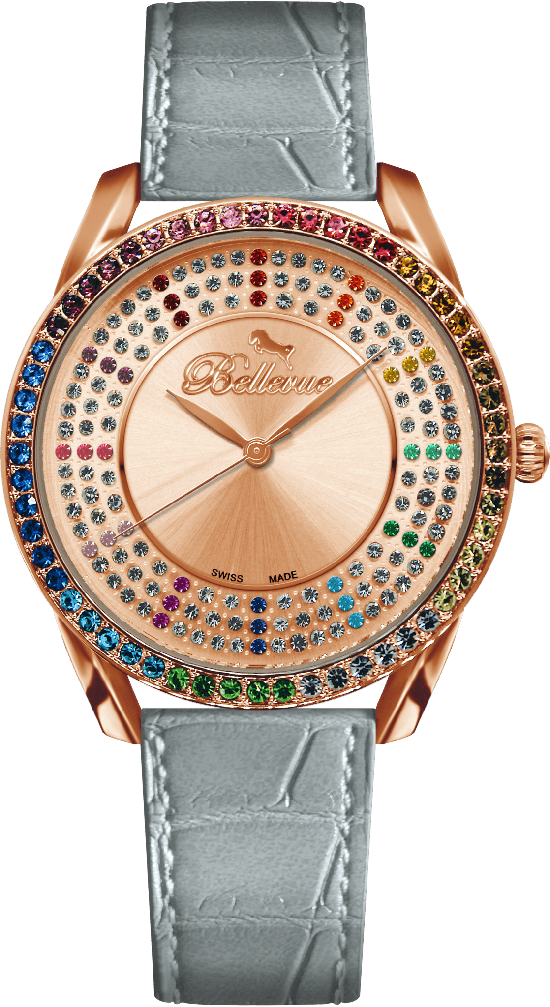 Bellevue Swiss Made Damenuhr in Roségold, 38 mm – Lünette mit Regenbogenkristallen | Ronda-Quarzwerk – NAFALUXE
