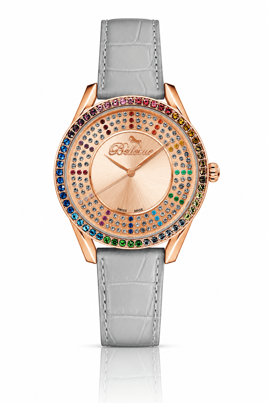Orologio da donna Bellevue Swiss Made in oro rosa, 38 mm – Lunetta con cristalli arcobaleno | Quarzo Ronda - NAFALUXE