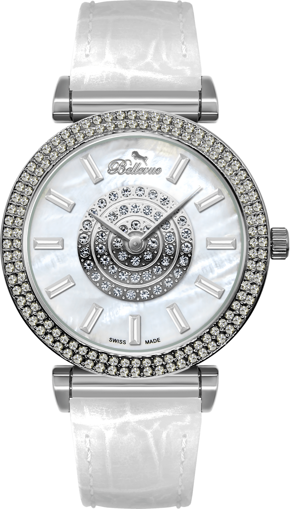Bellevue Swiss Made Damenuhr aus Silber mit Kristallverzierung, 38 mm – weißes Lederarmband | Ronda-Quarzwerk – NAFALUXE