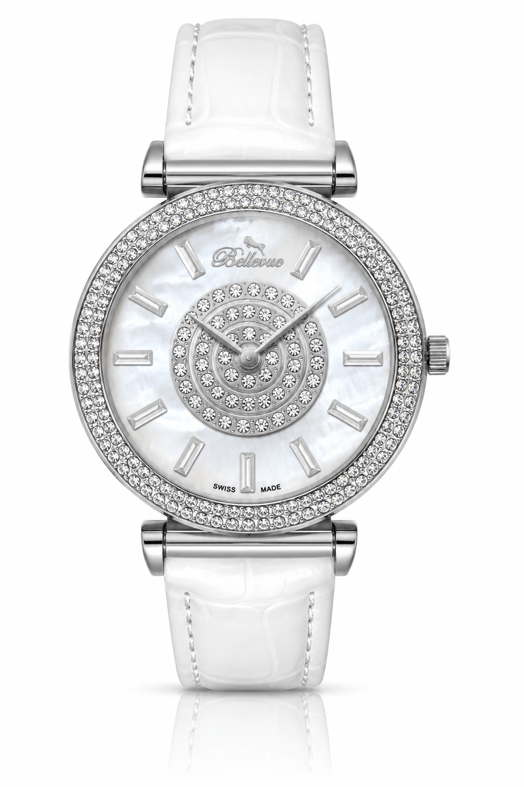 Orologio da donna Bellevue Swiss Made in argento e cristallo, 38 mm – Cinturino in pelle bianca | Quarzo Ronda - NAFALUXE