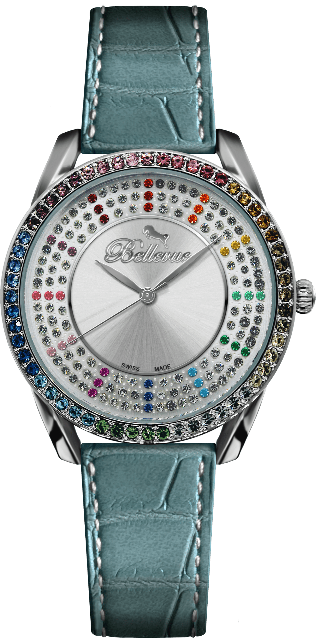 Orologio da donna Bellevue Swiss Made in argento, 38 mm – Lunetta con cristalli multicolori | Quarzo Ronda - NAFALUXE