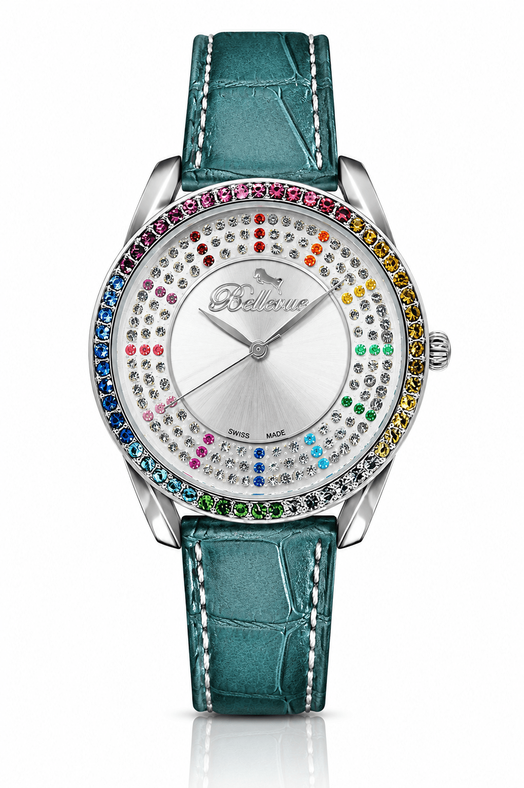 Orologio da donna Bellevue Swiss Made in argento, 38 mm – Lunetta con cristalli multicolori | Quarzo Ronda - NAFALUXE