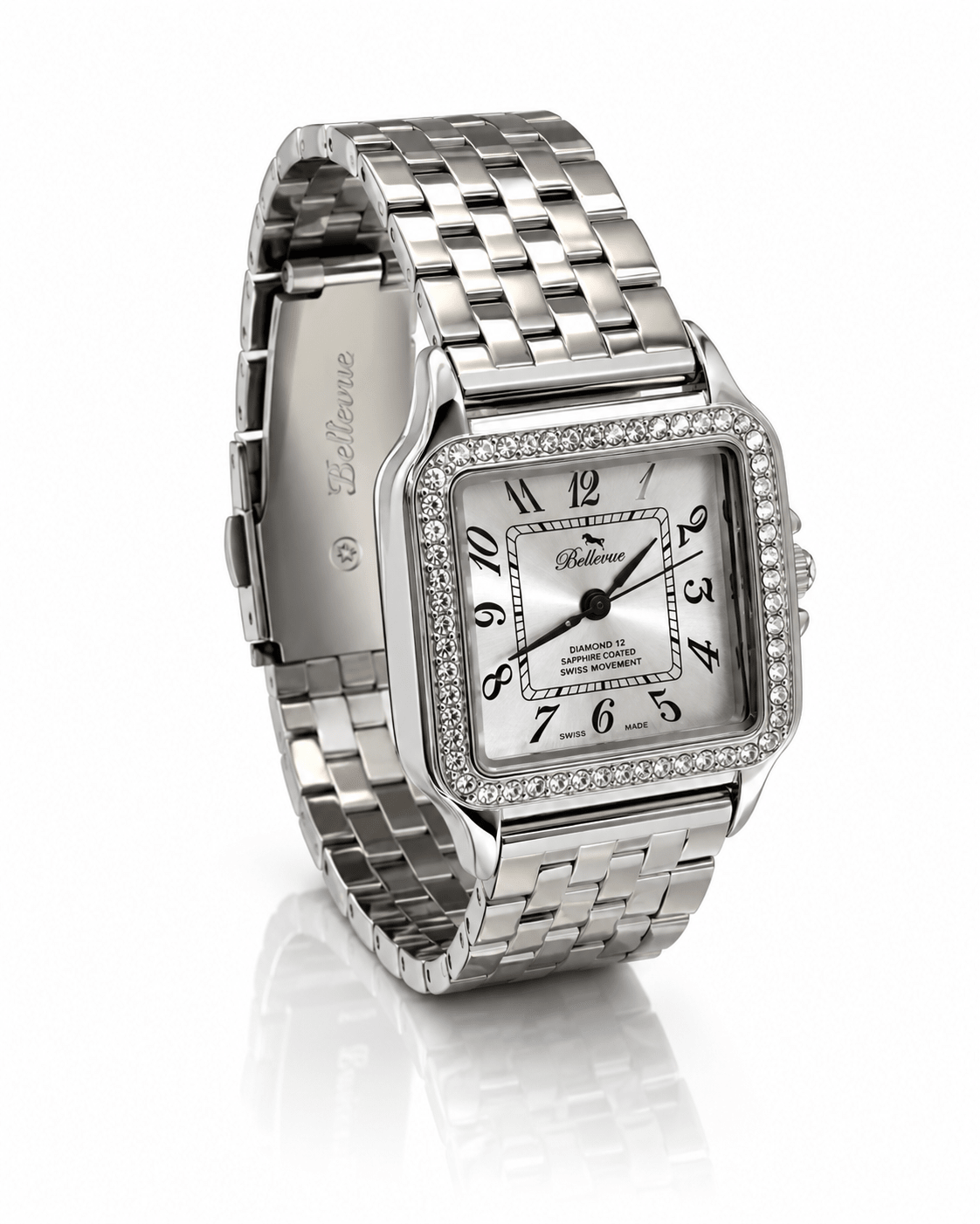Orologio da donna Bellevue Swiss Made con quadrante quadrato e cristalli, 29x29 mm – Colore argento | Quarzo Ronda - NAFALUXE