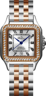 Bellevue Swiss Made Damenuhr mit quadratischem Zifferblatt und Kristallverzierung, 29 x 29 mm – zweifarbig in Silber und Roségold | Ronda-Quarzwerk – NAFALUXE