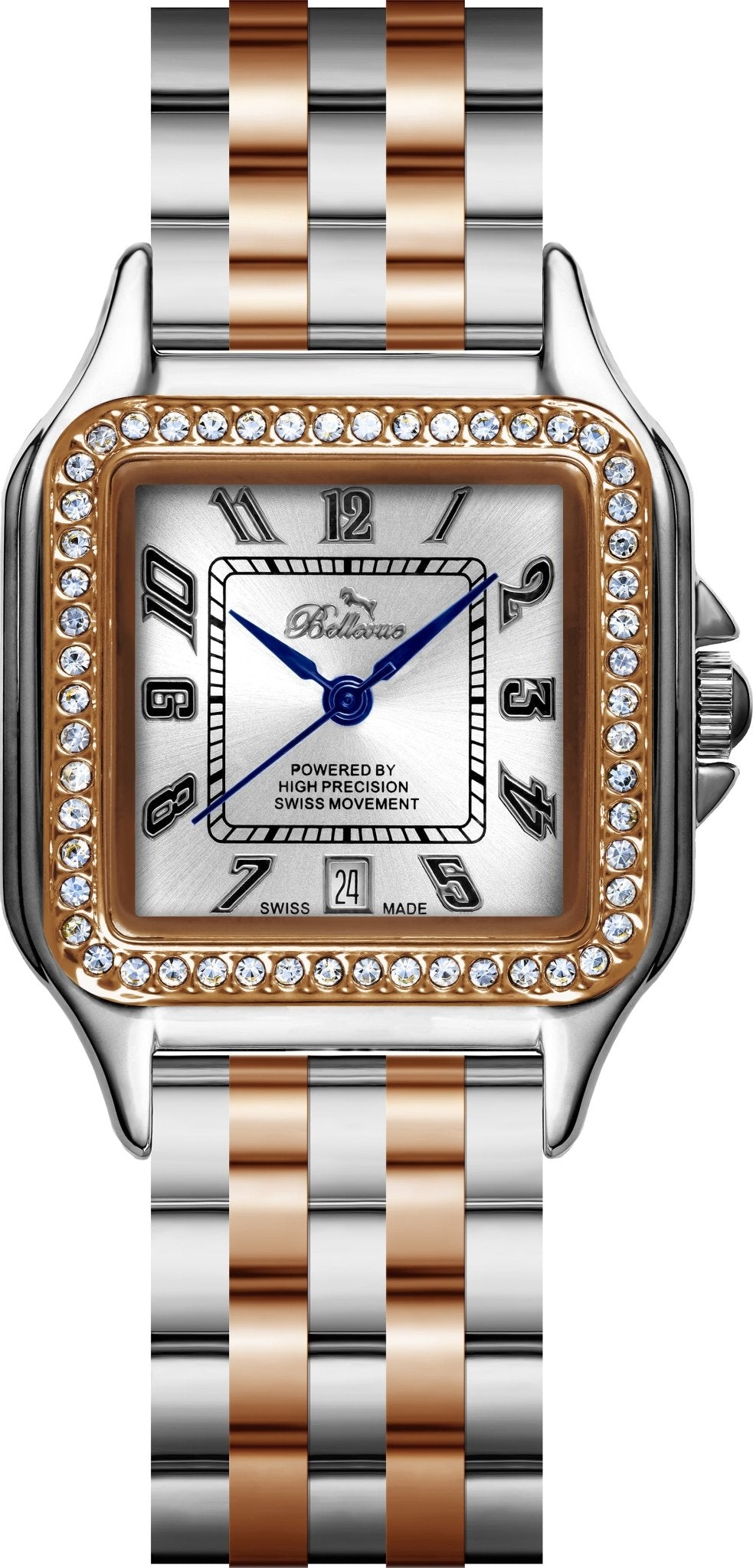 Orologio da donna Bellevue Swiss Made con quadrante quadrato in cristallo 29x29 mm – Bicolore argento e oro rosa | Quarzo Ronda - NAFALUXE