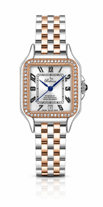 Bellevue Swiss Made Damenuhr mit quadratischem Zifferblatt und Kristallverzierung, 29 x 29 mm – zweifarbig in Silber und Roségold | Ronda-Quarzwerk – NAFALUXE