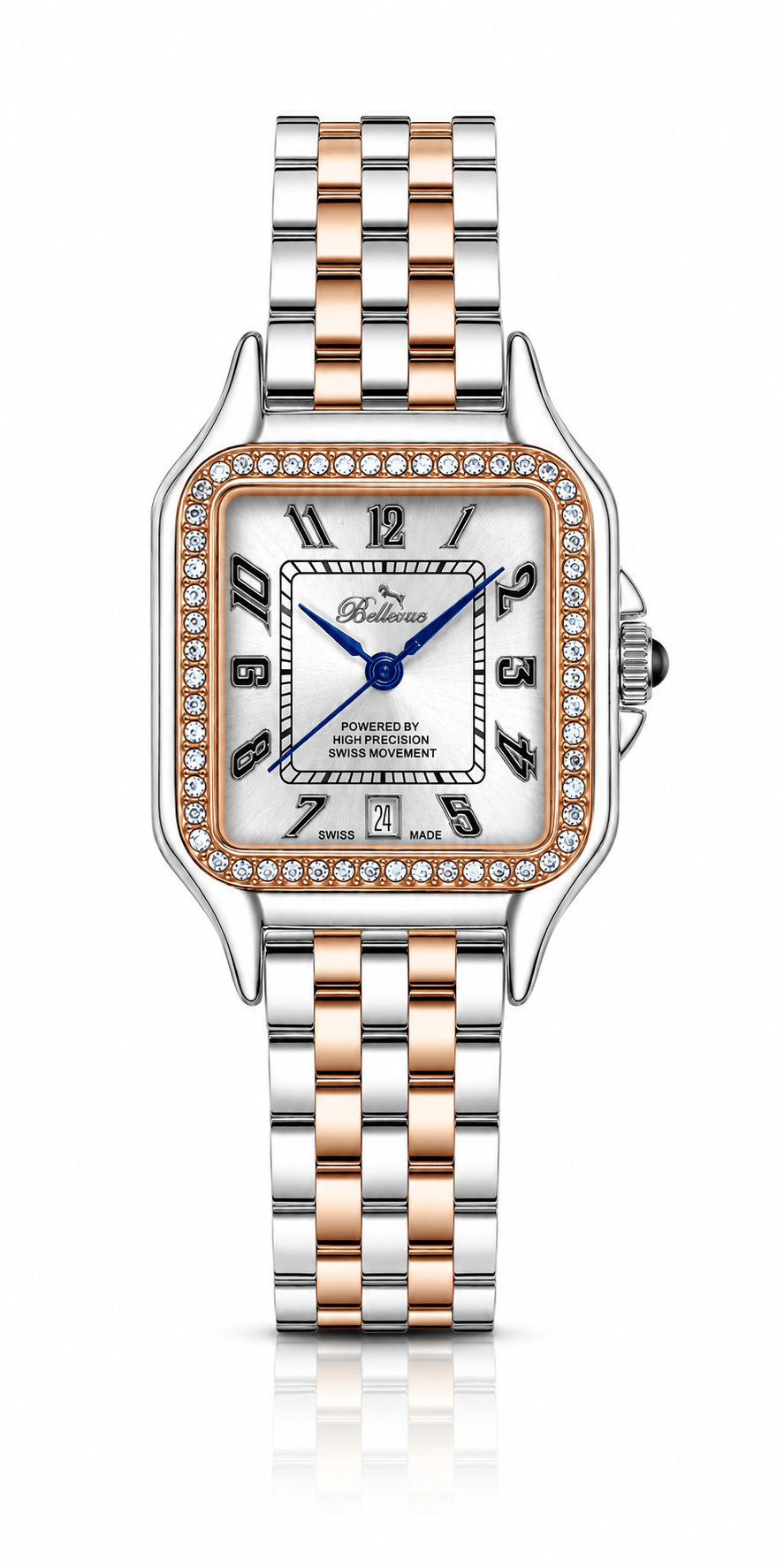 Orologio da donna Bellevue Swiss Made con quadrante quadrato in cristallo 29x29 mm – Bicolore argento e oro rosa | Quarzo Ronda - NAFALUXE