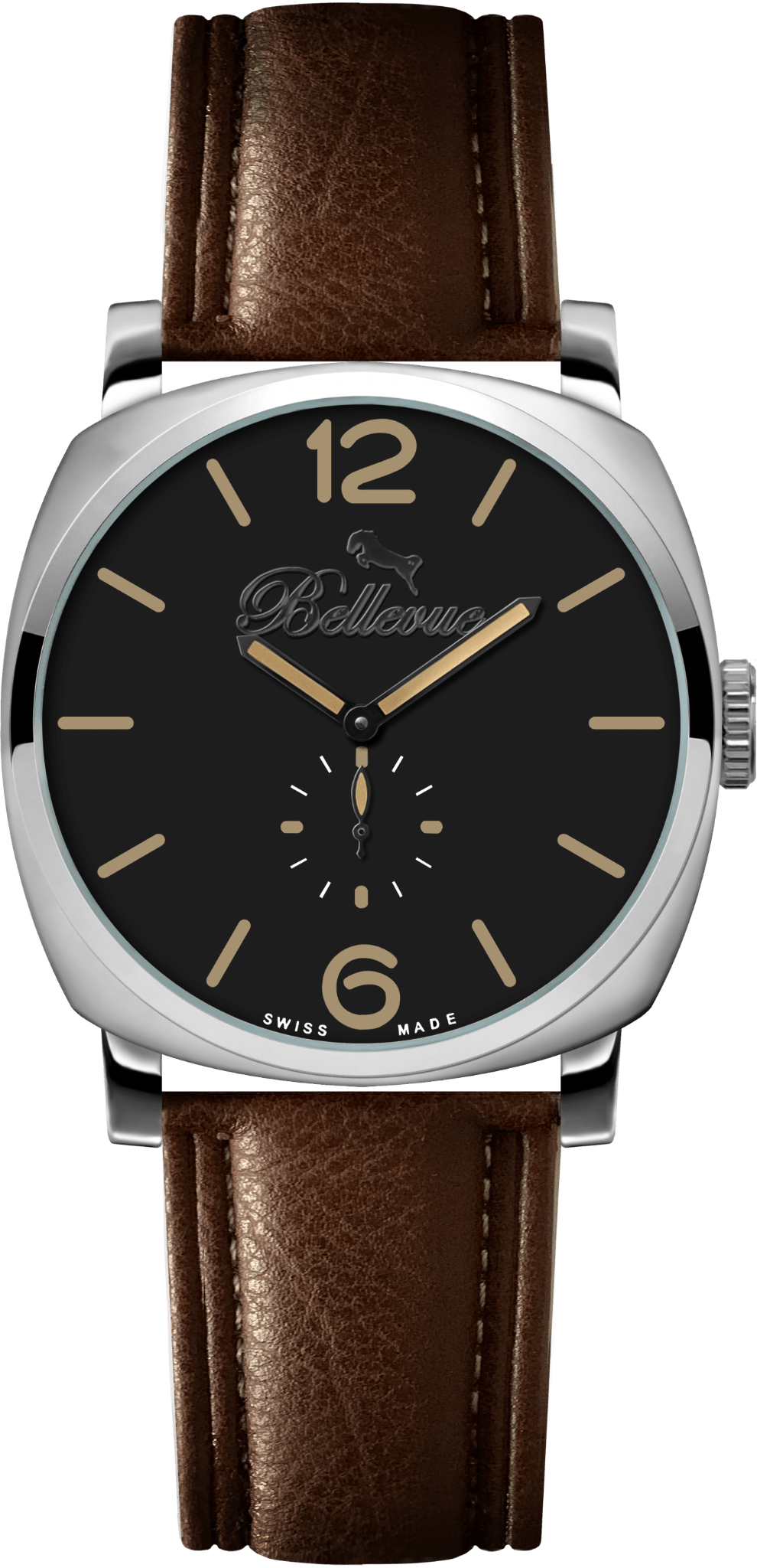 Bellevue Schweizer Quarzuhr 44 mm – Schwarzes Zifferblatt mit braunem PU-Lederarmband – NAFALUXE