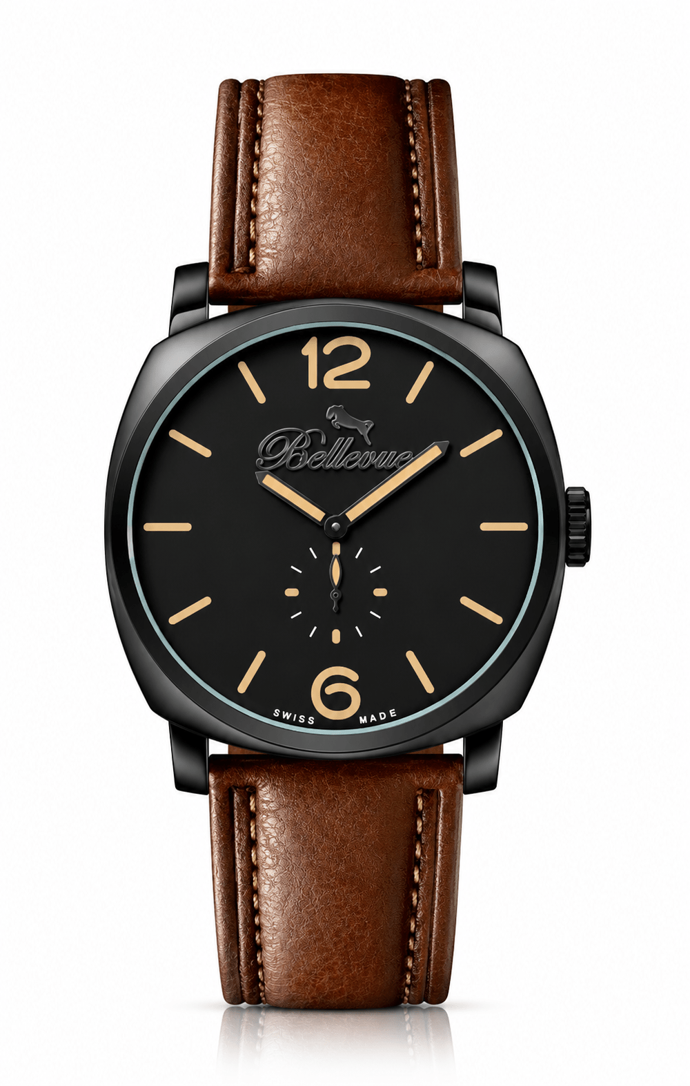 Bellevue Schweizer Quarzuhr 44 mm – schwarzes Zifferblatt mit PU-Lederarmband – NAFALUXE