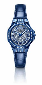 Bellevue Damenuhr mit blauen Kristallen – blaues Lederarmband | Swiss Made | 35 mm – NAFALUXE