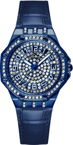 Bellevue Damenuhr mit blauen Kristallen – blaues Lederarmband | Swiss Made | 35 mm – NAFALUXE