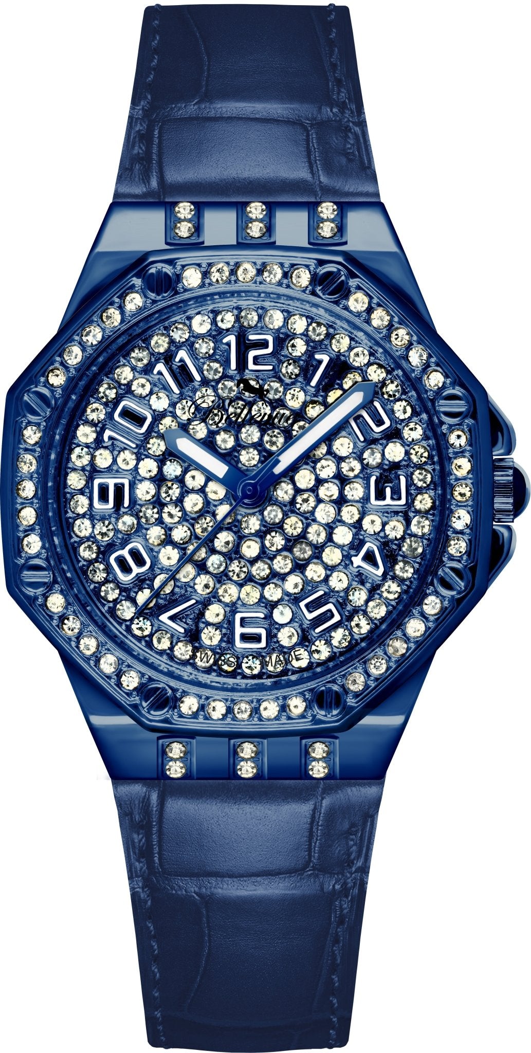 Bellevue Damenuhr mit blauen Kristallen – blaues Lederarmband | Swiss Made | 35 mm – NAFALUXE