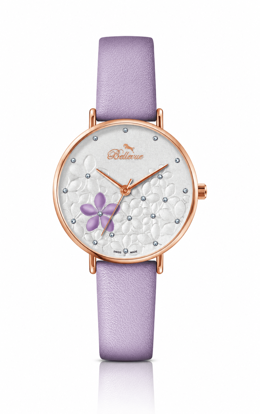 Bellevue Damenuhr mit Blumenmuster, Schweizer Quarzwerk – Roségold & Lavendel | 36 mm – NAFALUXE