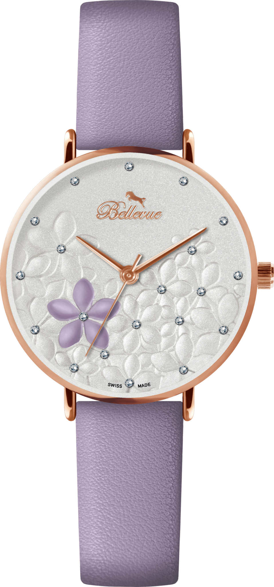 Bellevue Damenuhr mit Blumenmuster, Schweizer Quarzwerk – Roségold & Lavendel | 36 mm – NAFALUXE