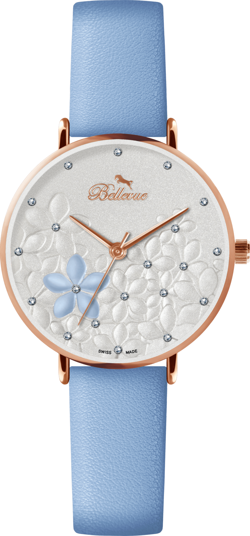 Bellevue Damenuhr mit Blumenmuster, Schweizer Quarzwerk – Roségold & Himmelblau | 36 mm – NAFALUXE
