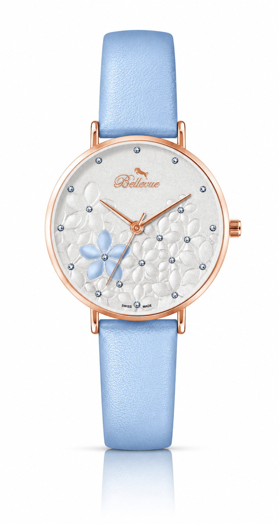 Bellevue Damenuhr mit Blumenmuster, Schweizer Quarzwerk – Roségold & Himmelblau | 36 mm – NAFALUXE