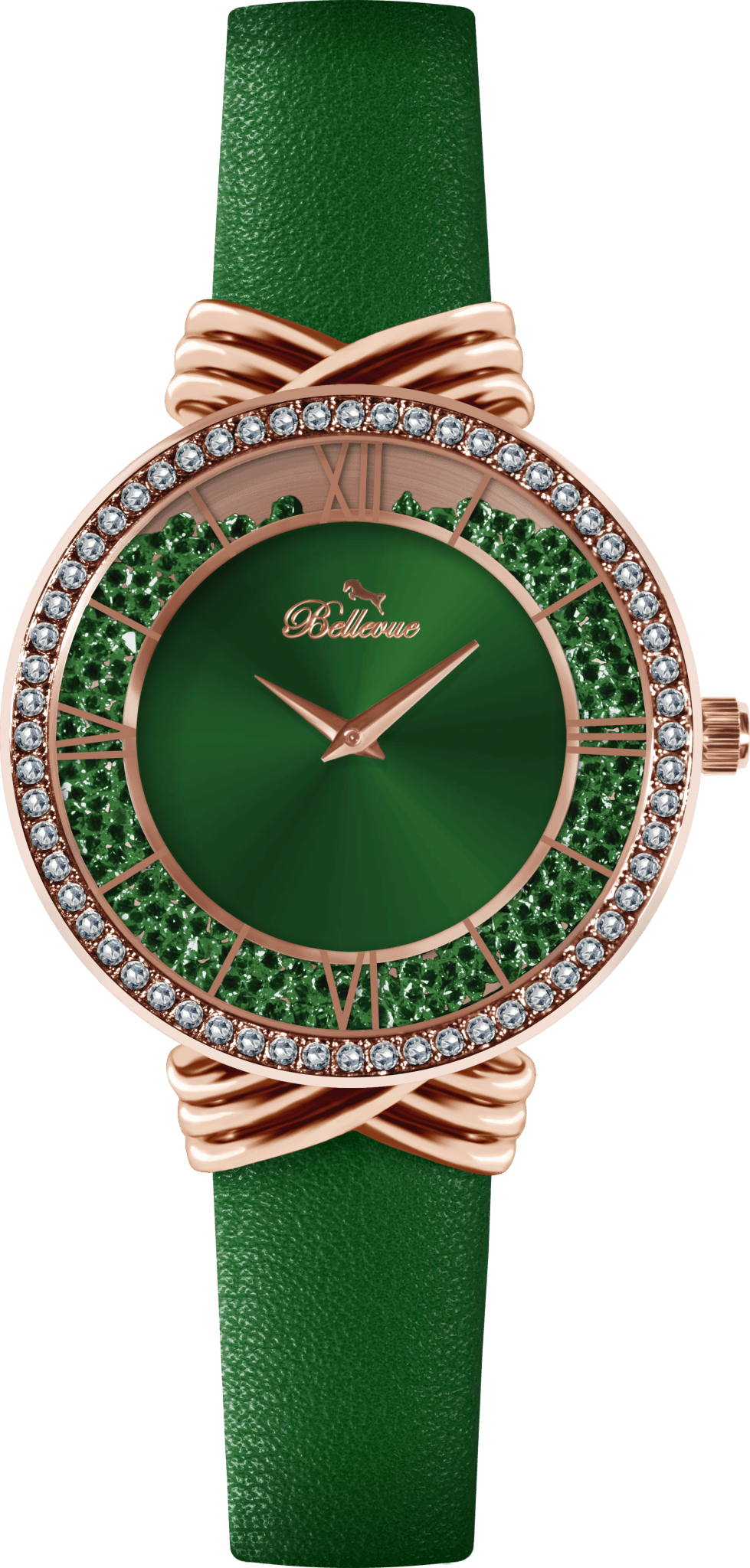 Bellevue Damenuhr mit grünen Kristallen – Roségold | 36 mm – NAFALUXE