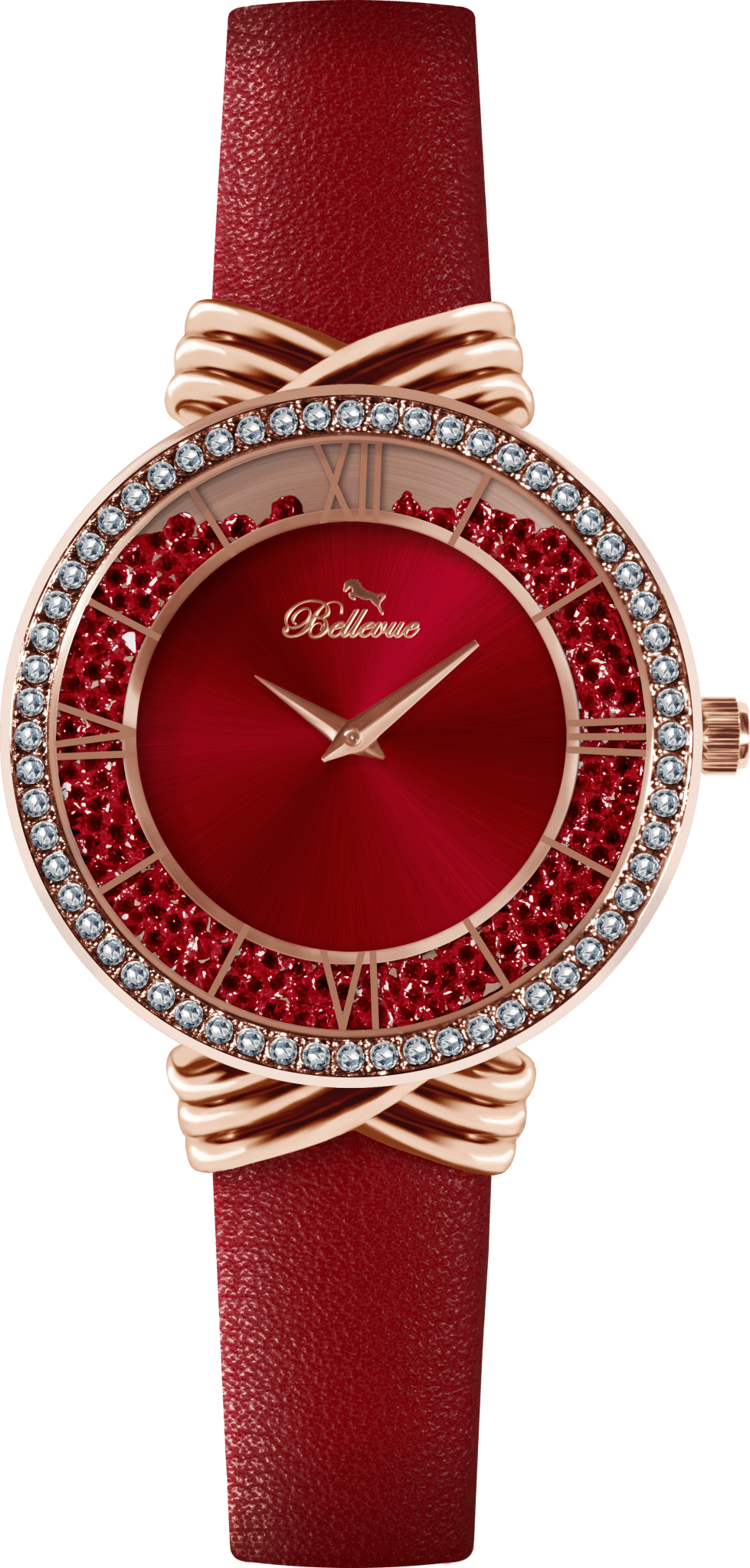Bellevue Damenuhr mit roten Kristallen – Roségold | 36 mm – NAFALUXE