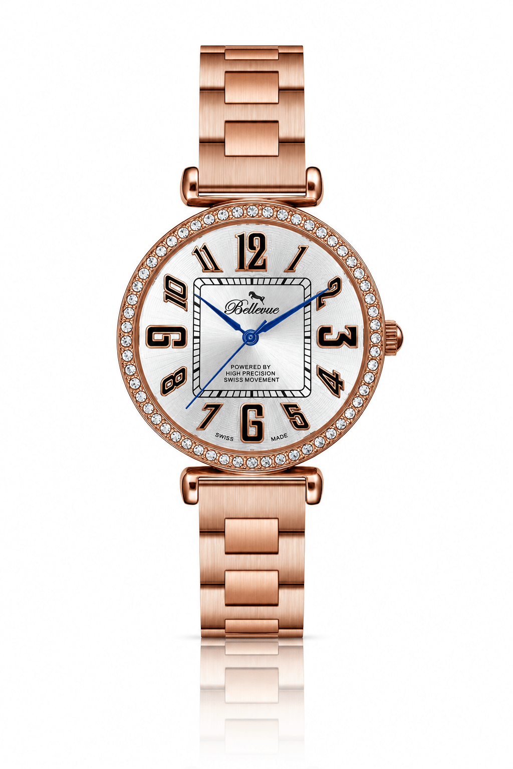 Orologio da donna Bellevue in oro rosa con cristalli, 35 mm – Quarzo Ronda | Bracciale in acciaio inossidabile - NAFALUXE