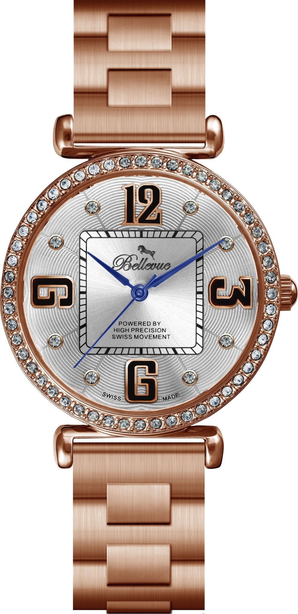 Orologio da donna Bellevue in oro rosa con cristalli, 35 mm – Quarzo Ronda | Bracciale in acciaio inossidabile - NAFALUXE