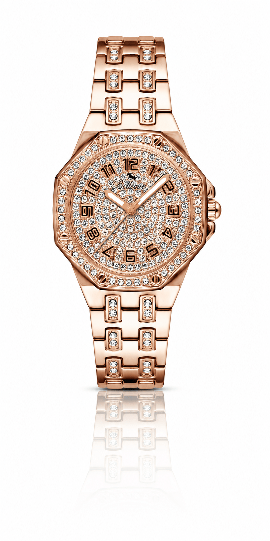 Bellevue Damenuhr aus Roségold mit Kristallen – Edelstahlarmband | Swiss Made | 35 mm – NAFALUXE