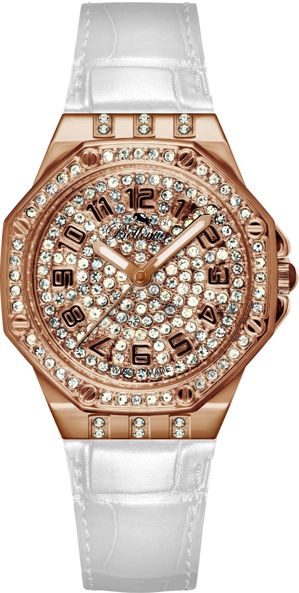 Bellevue Damenuhr aus Roségold mit Kristallverzierung – weißes Lederarmband | Swiss Made | 35 mm – NAFALUXE