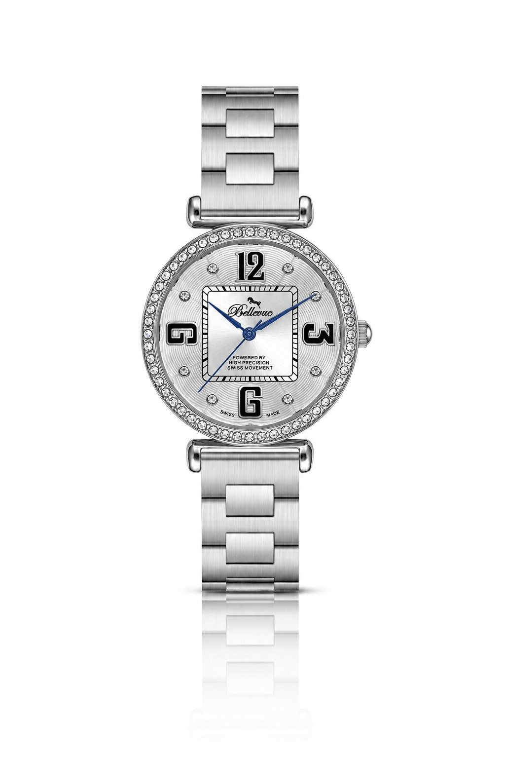 Orologio da donna Bellevue in argento e cristallo, 35 mm – Quarzo Ronda | Bracciale in acciaio inossidabile - NAFALUXE