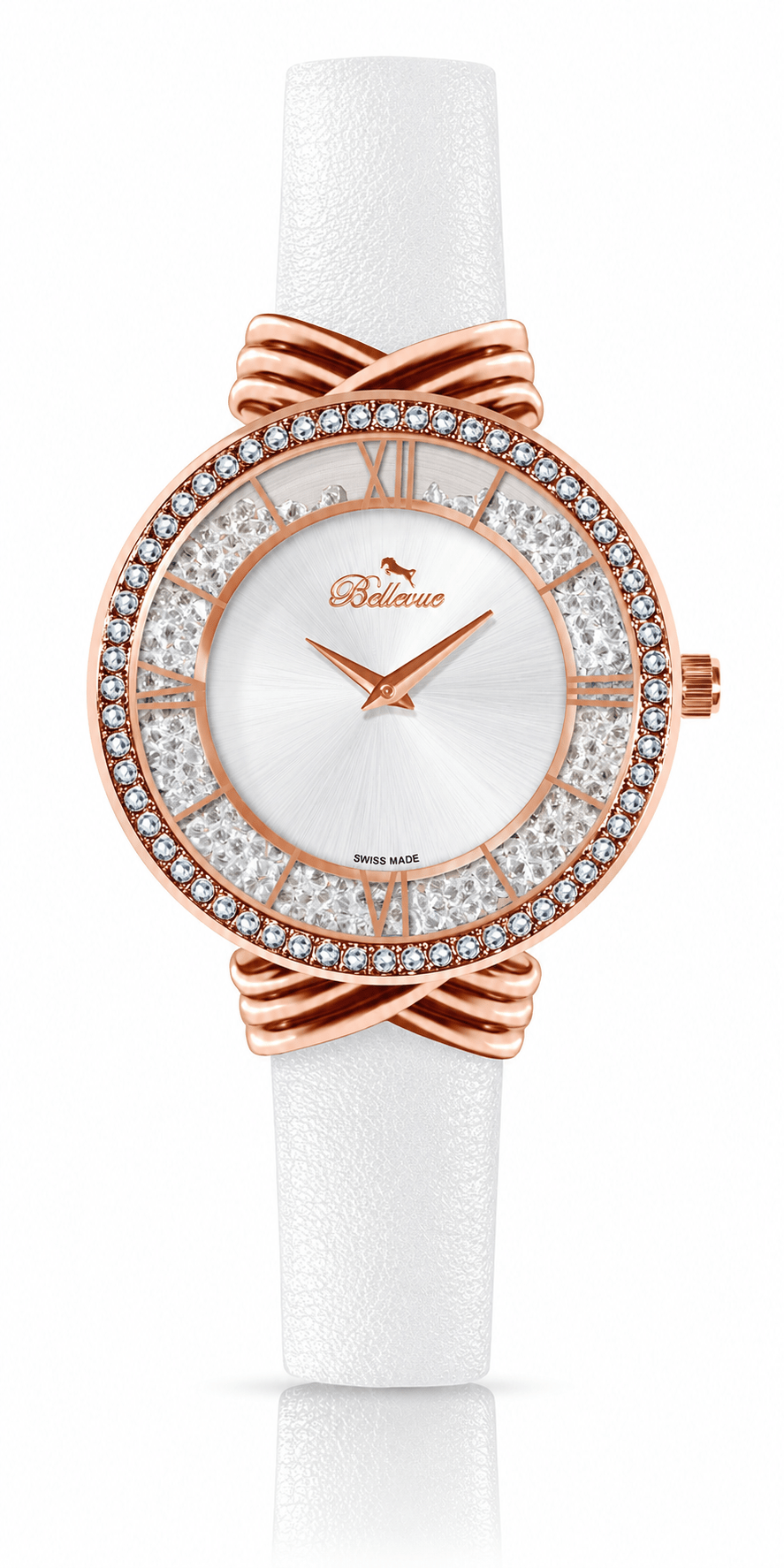 Bellevue Damenuhr mit weißen Kristallen – Roségold | Swiss Made | 36 mm – NAFALUXE