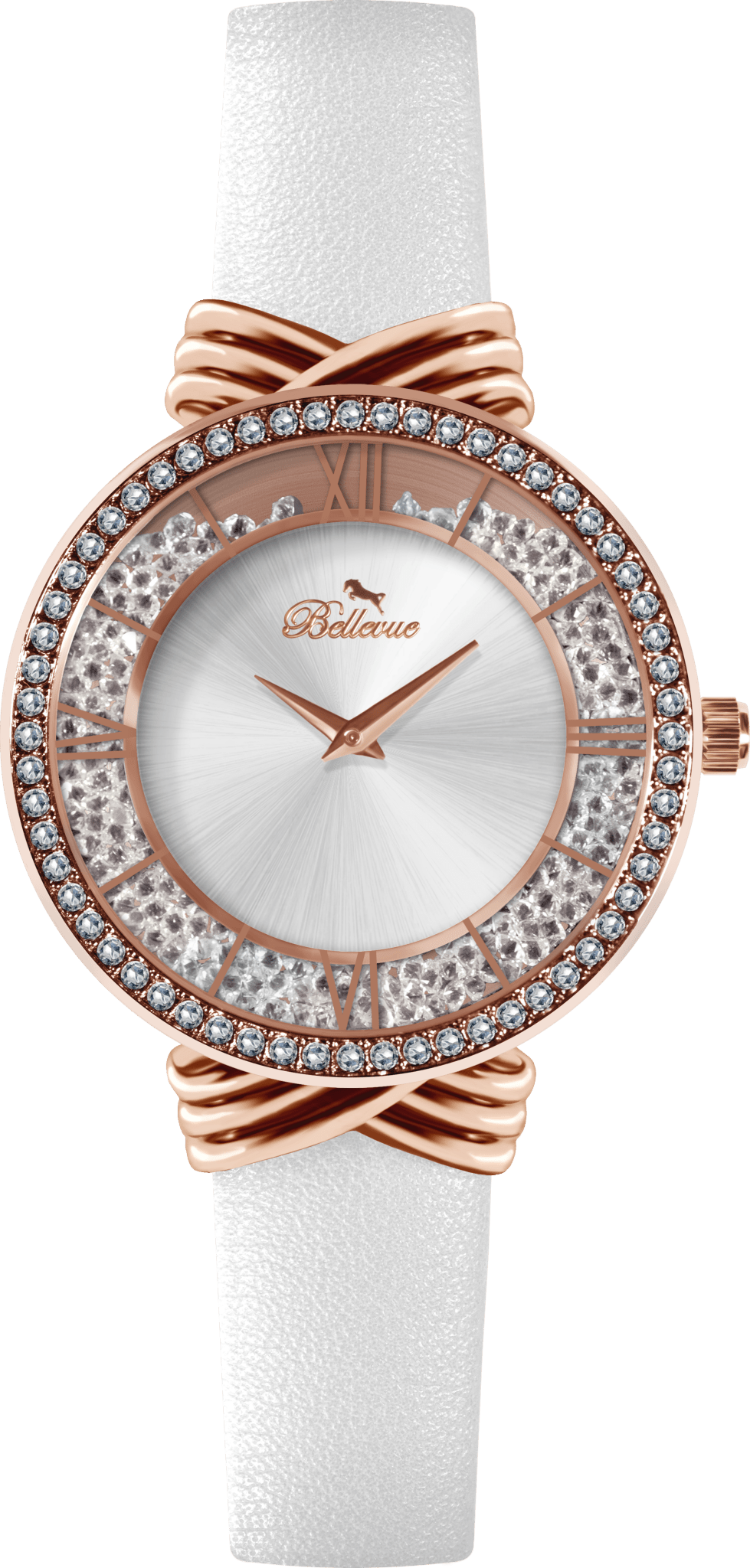 Bellevue Damenuhr mit weißen Kristallen – Roségold | Swiss Made | 36 mm – NAFALUXE
