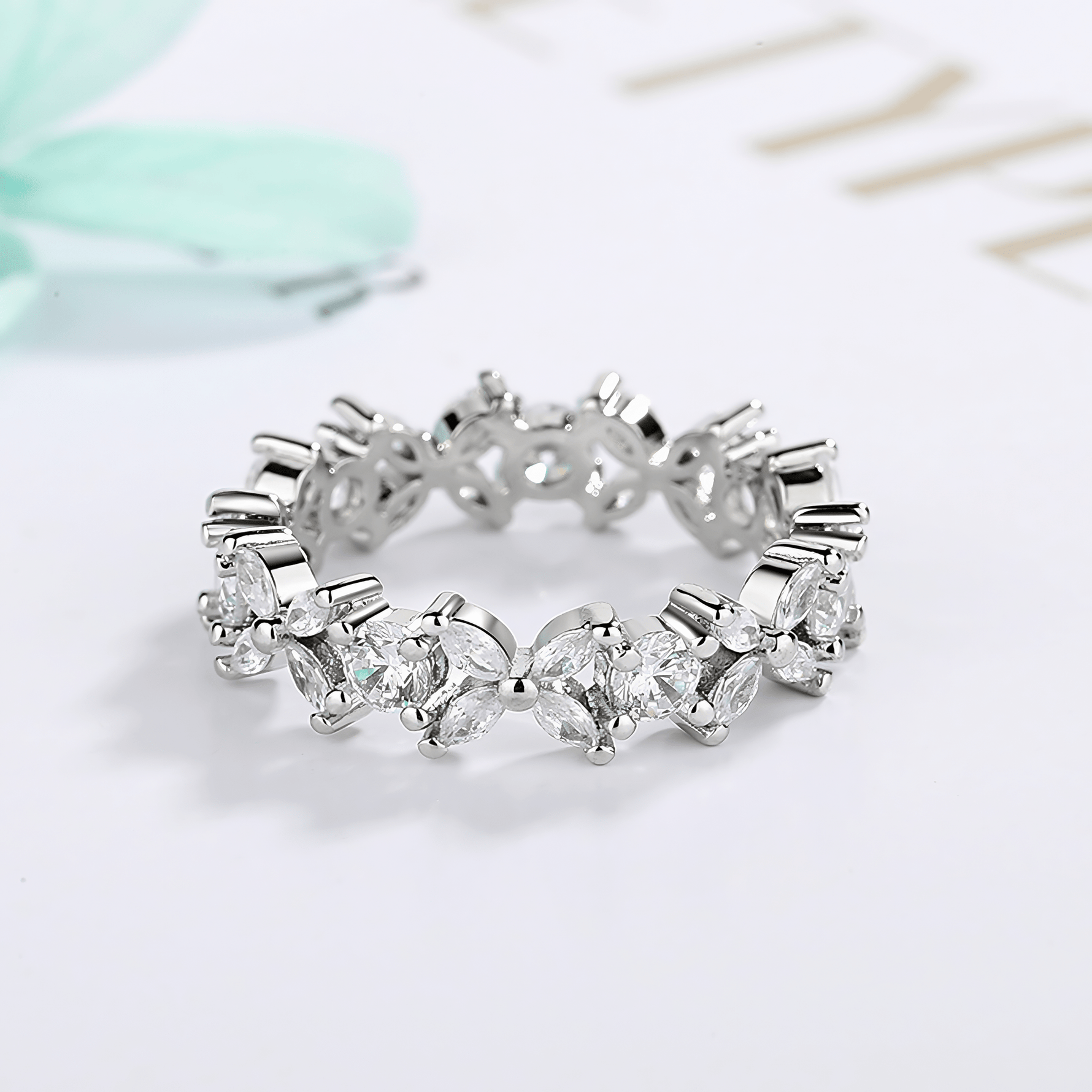 Blossom Eternity Ring in Sterling Silver with Marquise and Round Stones - NAFALUXE