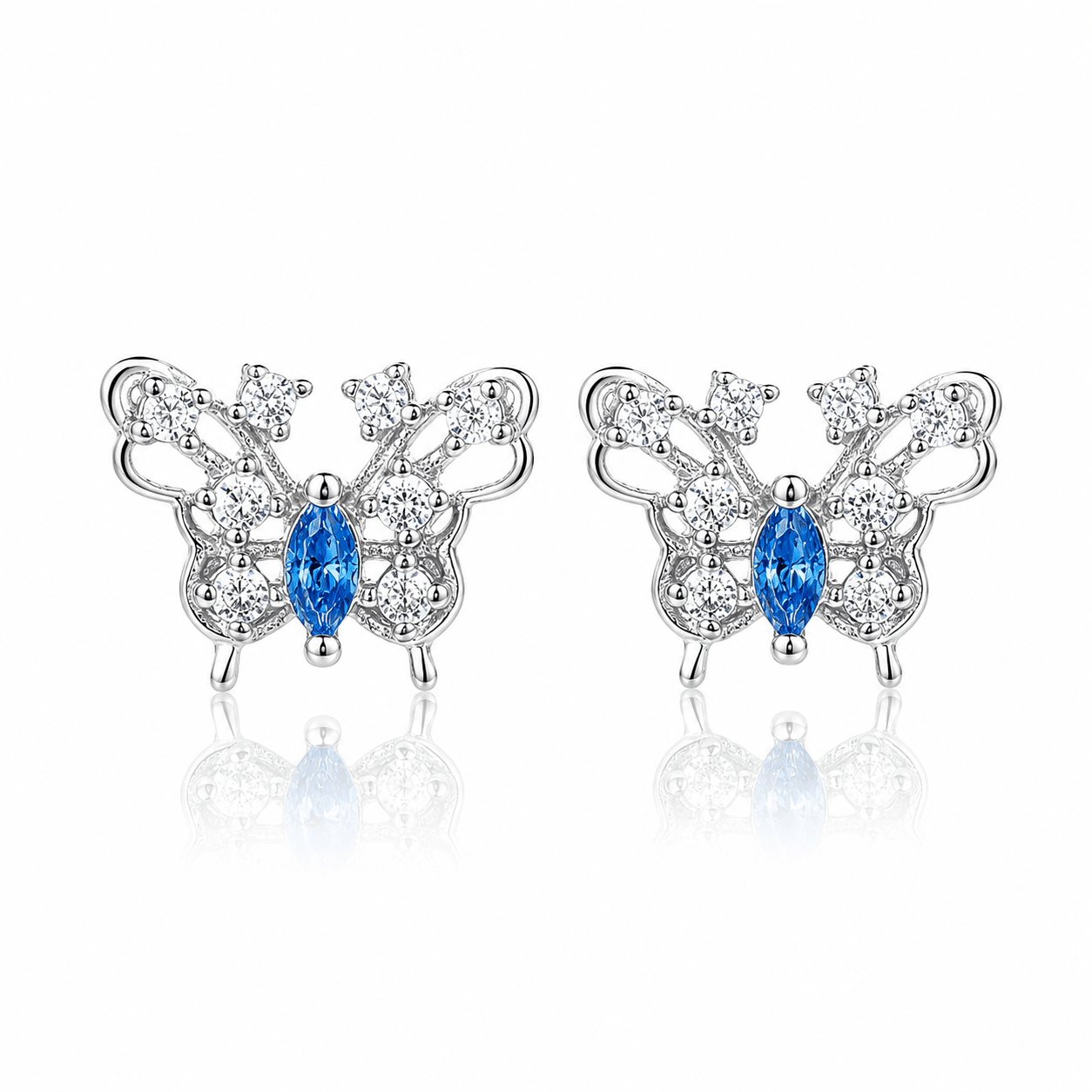 Boucles d'oreilles papillon bleu – Argent sterling 925 avec aile en zircone cubique étincelante - NAFALUXE