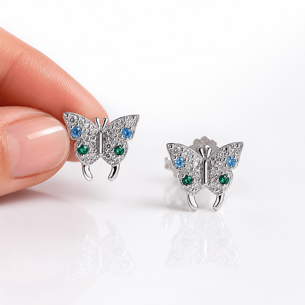 Boucles d'oreilles papillon bleues et vertes – Argent sterling 925 avec zircone cubique scintillante - NAFALUXE