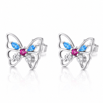 Colorful Butterfly Stud Earrings – 925 Sterling Silver with Blue, Pink & Clear CZ - NAFALUXE