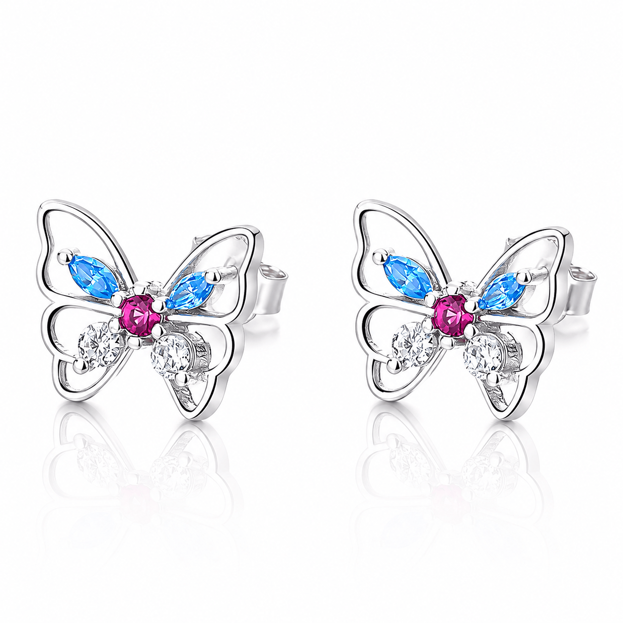 Boucles d'oreilles papillon colorées – Argent sterling 925 avec zircone cubique bleue, rose et transparente - NAFALUXE