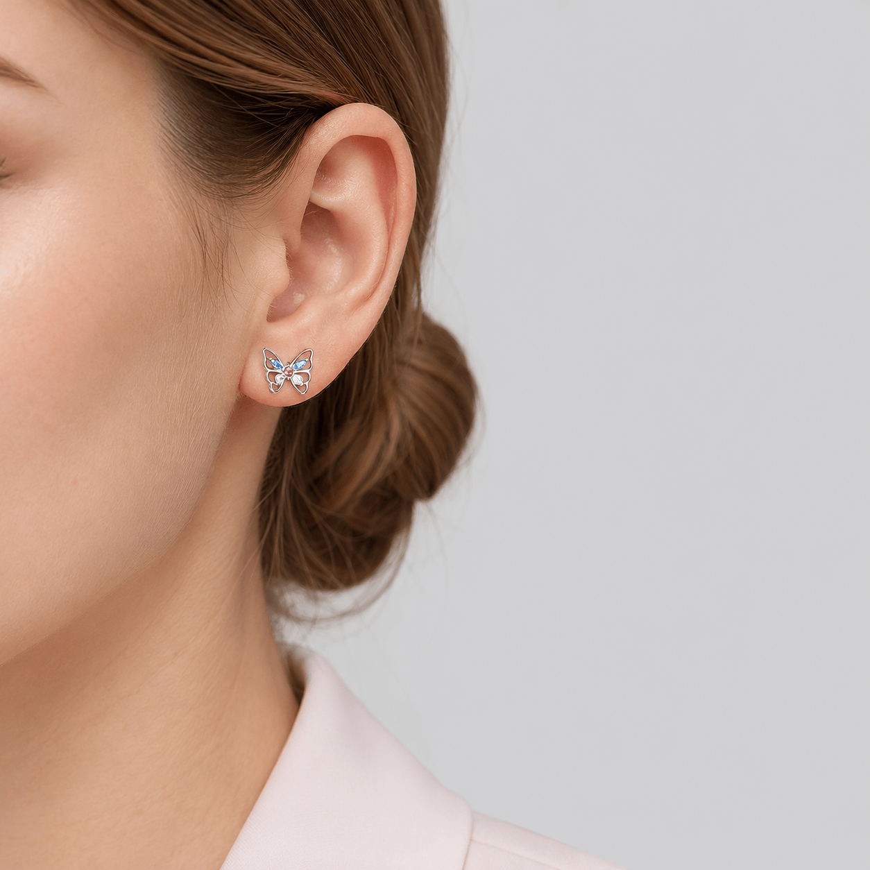 Colorful Butterfly Stud Earrings – 925 Sterling Silver with Blue, Pink & Clear CZ - NAFALUXE
