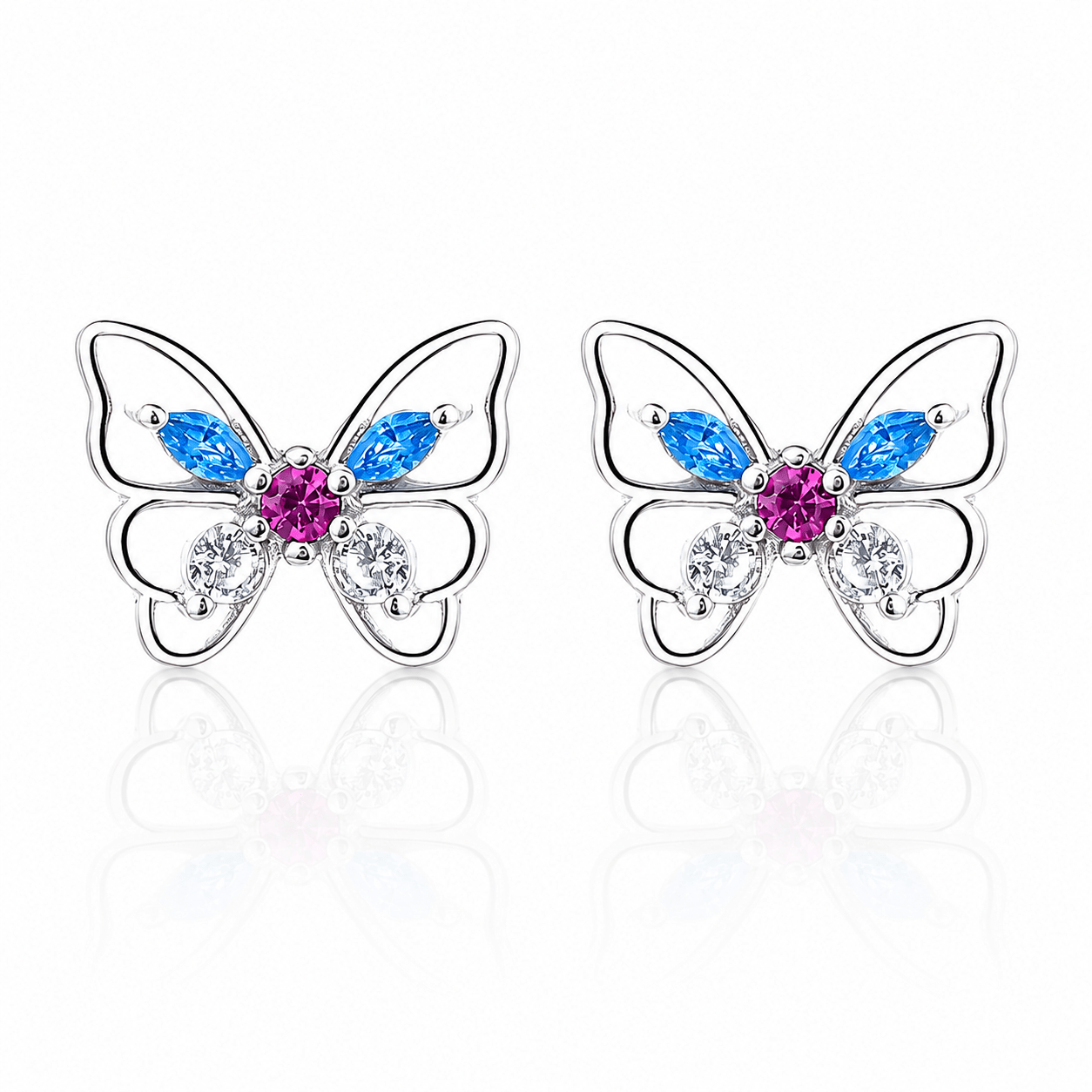 Boucles d'oreilles papillon colorées – Argent sterling 925 avec zircone cubique bleue, rose et transparente - NAFALUXE