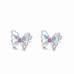 Colorful Butterfly Stud Earrings – 925 Sterling Silver with Blue, Pink & Clear CZ - NAFALUXE