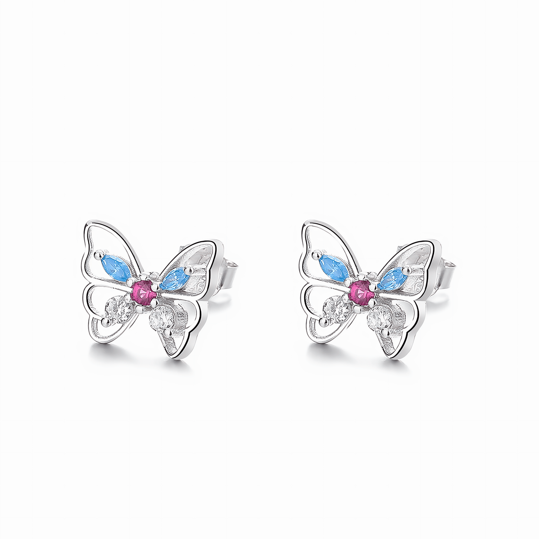 Colorful Butterfly Stud Earrings – 925 Sterling Silver with Blue, Pink & Clear CZ - NAFALUXE