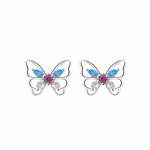 Colorful Butterfly Stud Earrings – 925 Sterling Silver with Blue, Pink & Clear CZ - NAFALUXE