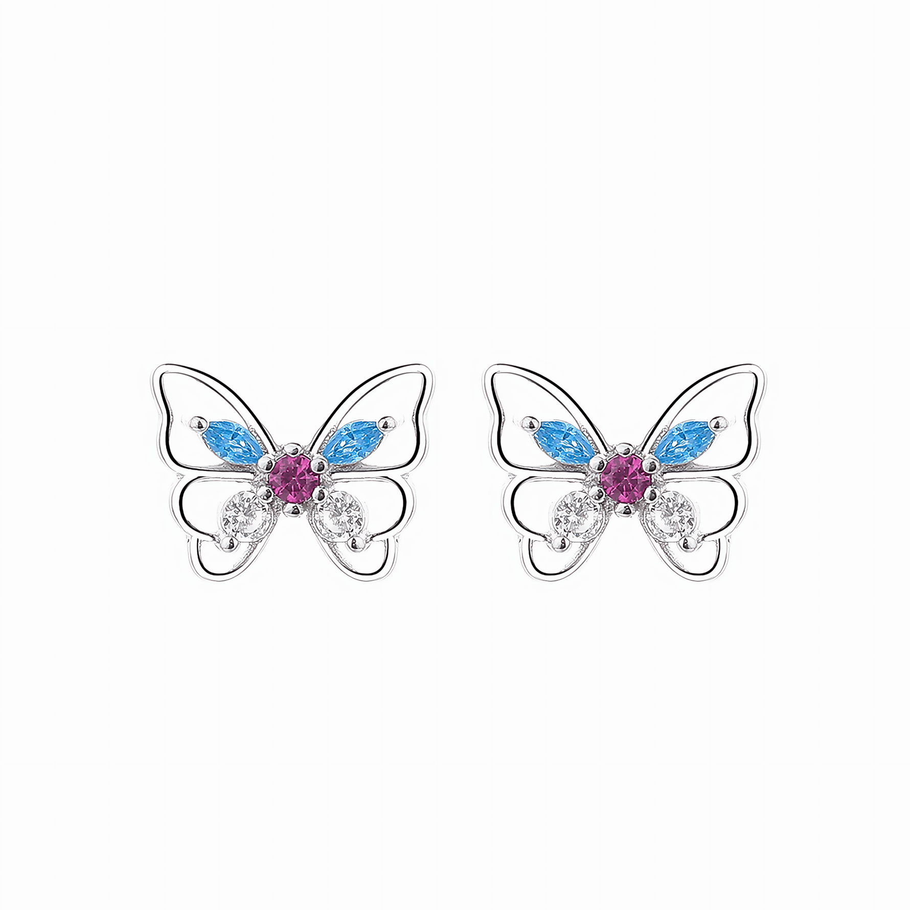 Colorful Butterfly Stud Earrings – 925 Sterling Silver with Blue, Pink & Clear CZ - NAFALUXE