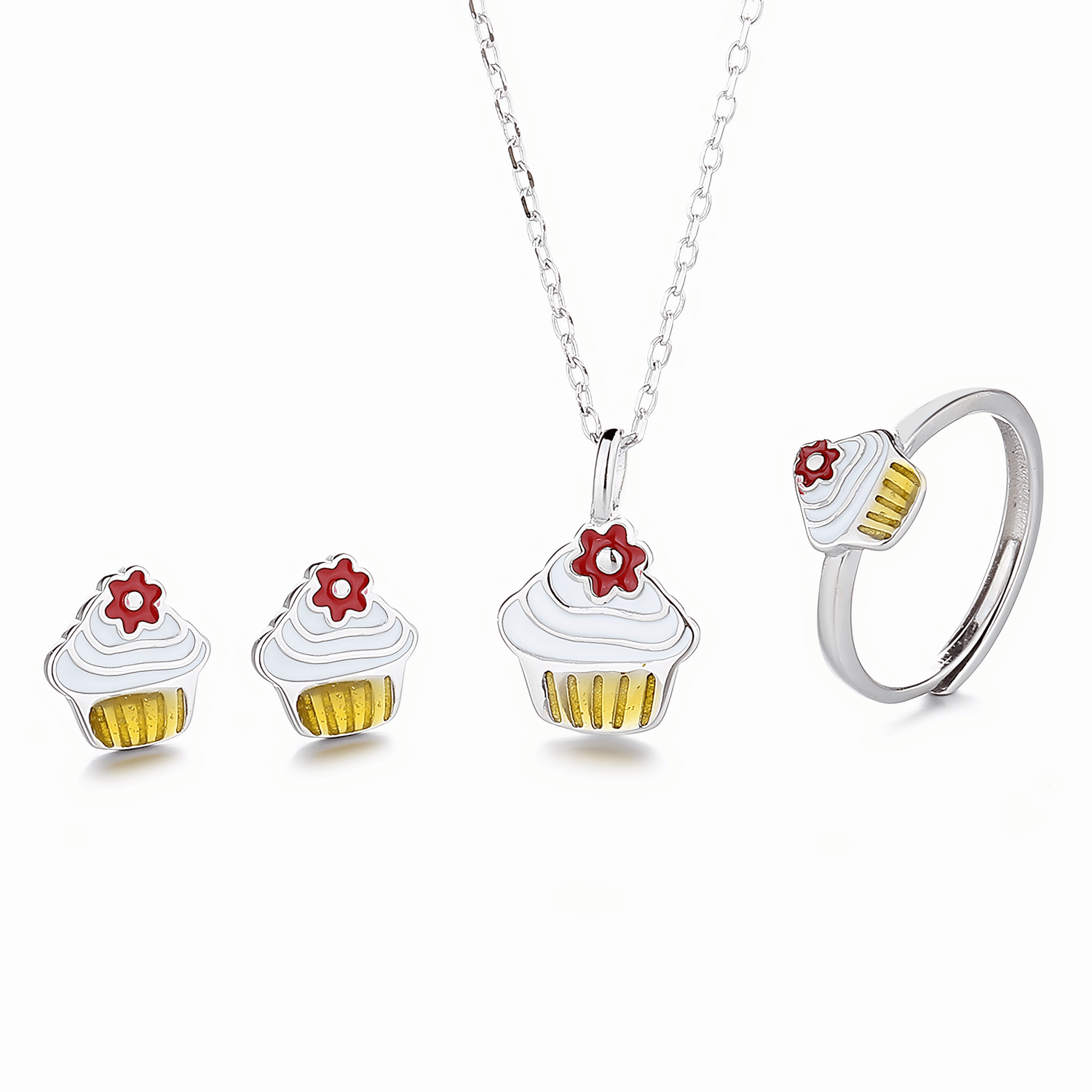 Cupcake Jewelry Set with Enamel – Necklace Earrings Ring - NAFALUXE