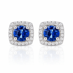 Boucles d'oreilles clous « coussin » avec pierre centrale bleue et halo de zircone cubique AAA - NAFALUXE